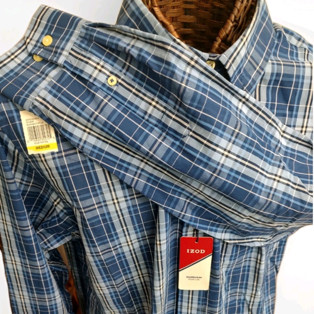 Izod M Cotton Durham Poplin Button Down L/S Shirt In Blue Revival Plaid NWT Read - Picture 4 of 10